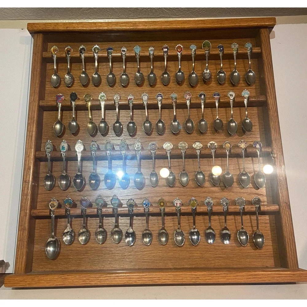 Various Decorative Souvenir Spoons with Wooden Display Case 58 Spoons Total